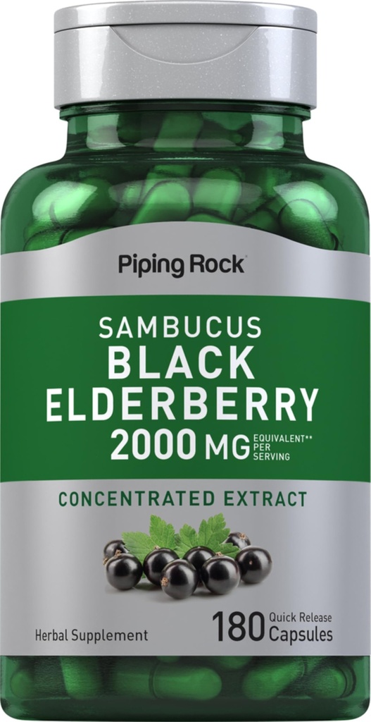 Pipeping Rock Elderberry Capsules $ 2000 mg $ 180 Pills $ Supplément d'extrait d'herbe Sambucus Extrait concentré $ Non-OGM, sans gluten
