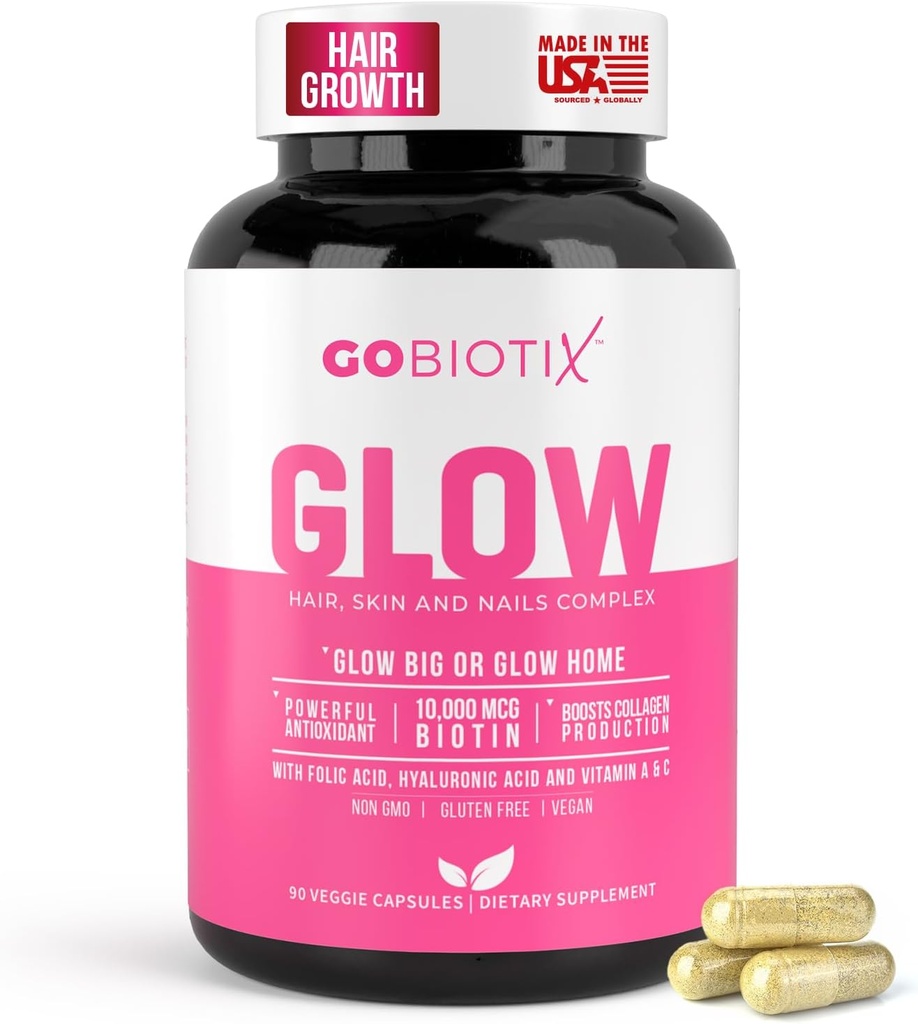 GOBIOTIX Peau et ongles de cheveux Supplément vitamine - 10000mcg Pilules de biotine avec acide hyaluronique, folate, fer, magnésium et zinc - Production de collagène, croissance des cheveux - 30 portions