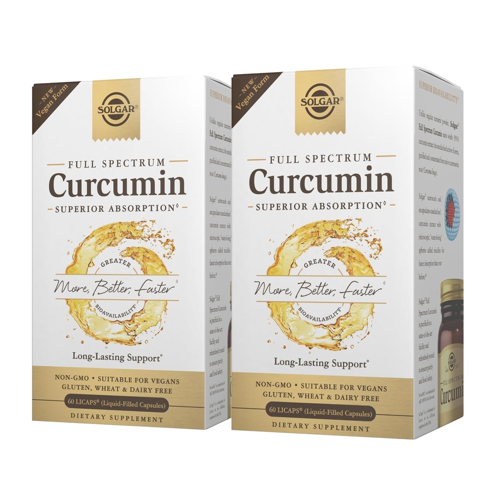 Solgar Curcumin plein spectre - 60 LiCaps, pack de 2 - Absorption supérieure - Santé du cerveau, des articulations et des immunes - Non-OGM, végétalien, sans gluten, sans lait - 120 Total des portions