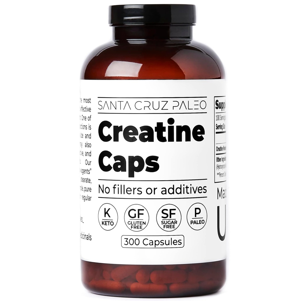 Santa Cruz Paleo Capsules de créatine, supporte la croissance musculaire et l'énergie, sans gluten, sans kéto, sans sucre, sans paléo, sans remplissage ou additifs, pilules monohydratées de créatine, 2500mg, 100 portions, 300 capsules