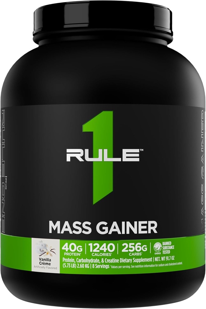 Règle 1 Gaineur de masse - Formule de gain de poids haute-calorie avec 1,220+ Calories, 250g+ Mélange complexe de glucides, 40g Protéine tout-lait par portion (8 portions, crème de vanille)