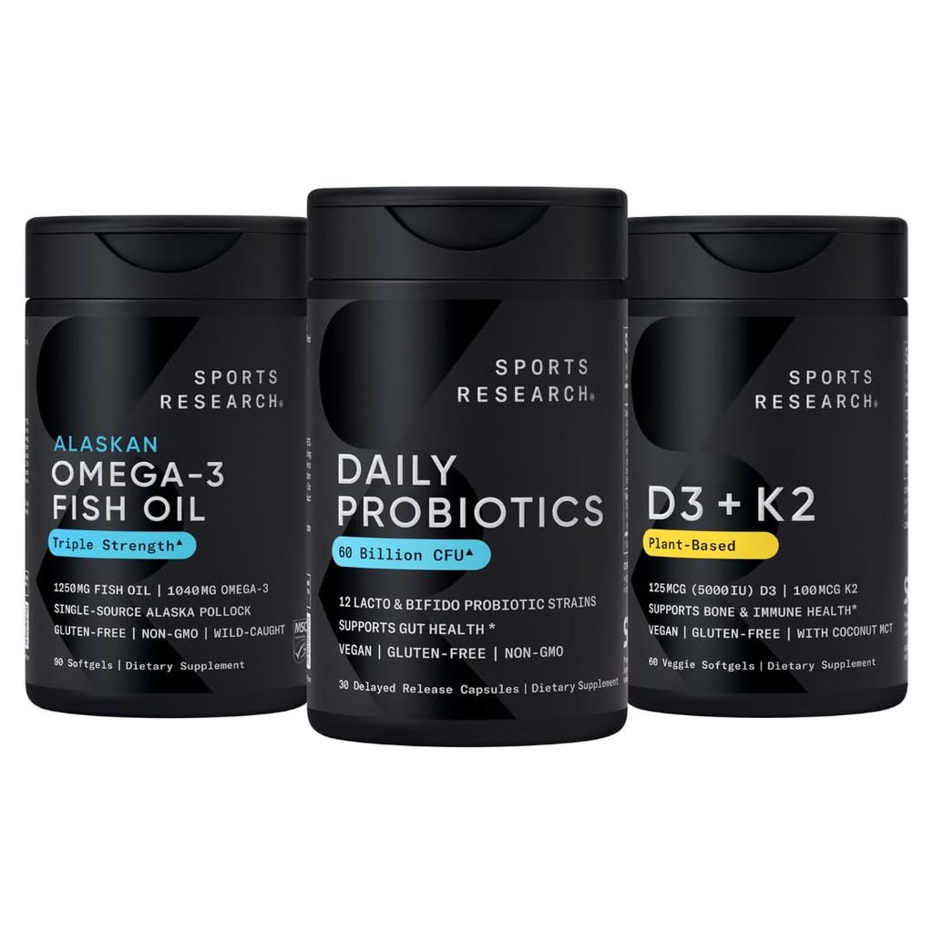 Recherche sportive Wild Alaskan Pollock Omega 3 Huile de poisson 90 Softgels (1250 mg) + Probiotiques végétaliens avec prébiotiques, 60 milliards CFU (30 Softgels) + 5000 UI Vitamine D + 100 mcg Mk7 Vitamine K (60 Softgels)