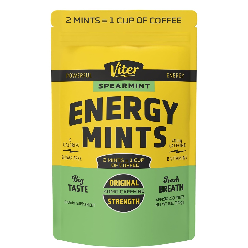 Viter Énergie 40mg Menthes de caféine - Sans sucre, B Vitamines, Vegan, Boosts Accélération d'alerte rapide, Pilules de supplément nootrope caféiné (arôme de menthe, 8oz, sac en vrac)