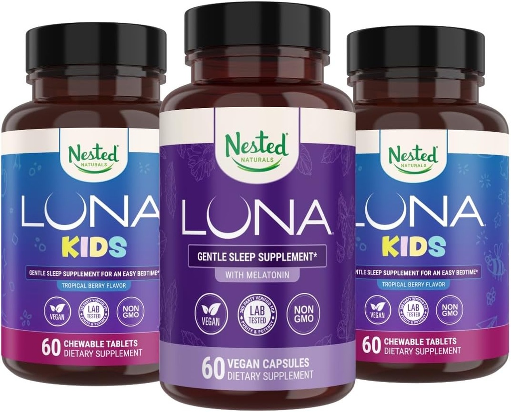 Nested Naturals Luna Kids Supplément sommeil (60 comprimés à croquer) et Luna Aide naturelle au sommeil (60 capsules véganes)