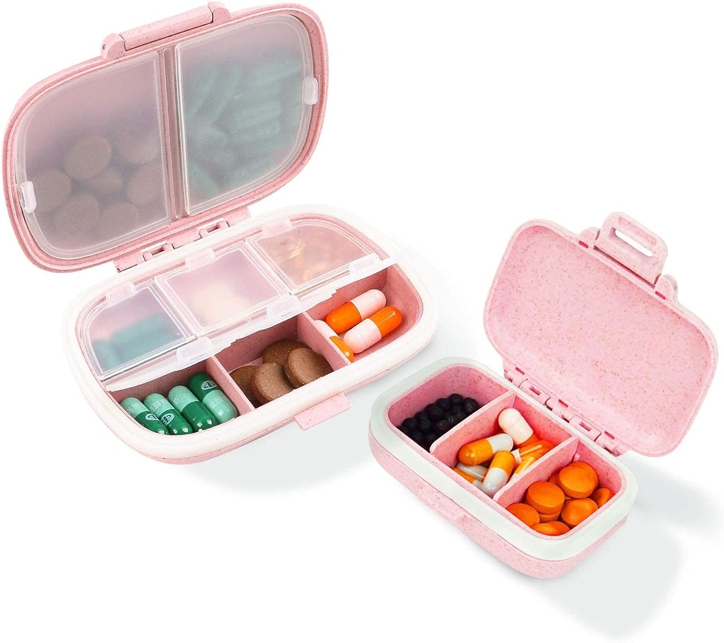 2 Pack Pill Case Organizer, Boîte à pilules de voyage avec étiquette, Daily Medicine Organizer Case, Etanche boîte de poche, Portable Pink supplément boîte de médecine Compact pour la vitamine