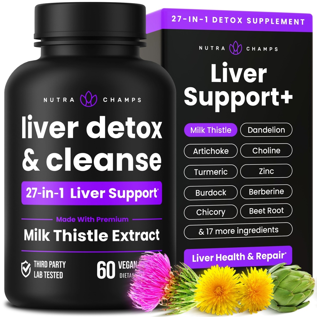 NutraChamps Nettoyez le foie Détox et la formule de réparation, 20+ herbes: extrait de chardon de lait avec Silymarin, Artichaut, Dandelion, Poudre de racine de chicorée, Supplément de pilules de soutien du foie, 60 Capsules