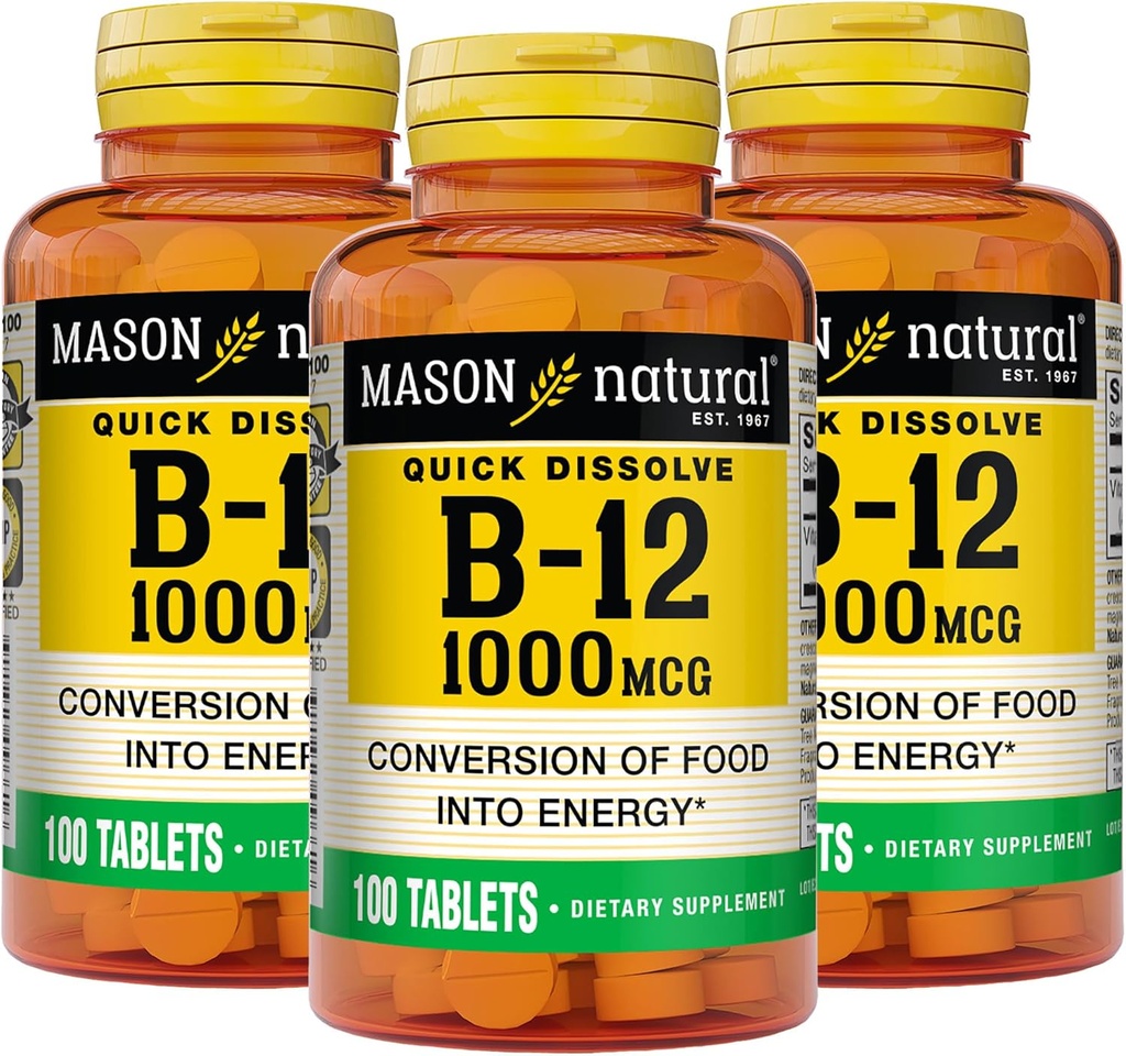 MASON NATURAL B,12 1000 mcg Dissolve rapide, 300 jours pour une conversion saine des aliments en énergie (3 pack)