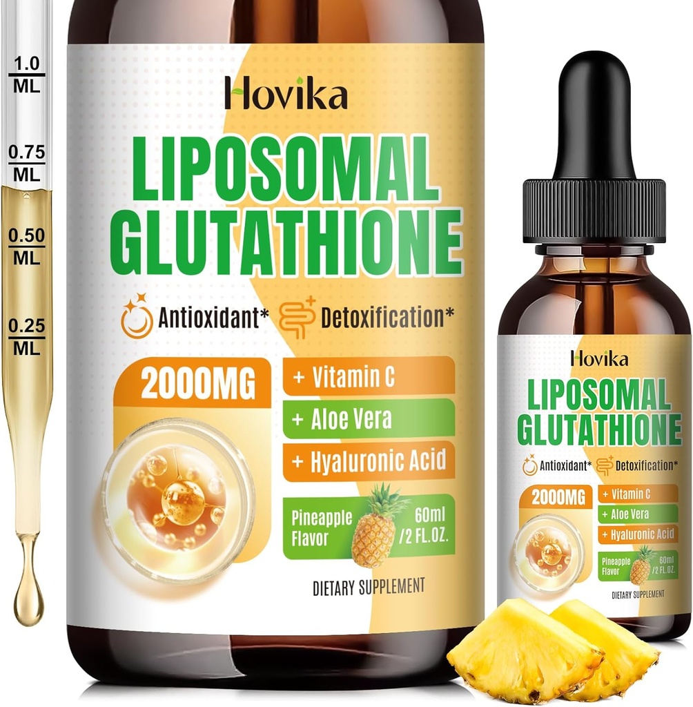 Supplément de glutathion liposomique 2000mg, gouttes de glutathion liquide avec vitamine C, Master Antioxydants pour système immunitaire, Vieillissement Défense, Santé de la peau, Détox hépatique - Absorption supérieure, Ananas 2 Fl Oz