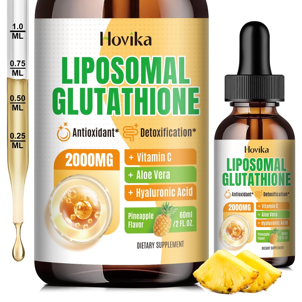 Supplément de glutathion liposomique 2000mg, gouttes de glutathion liquide avec vitamine C, Master Antioxydants pour système immunitaire, Vieillissement Défense, Santé de la peau, Détox hépatique - Absorption supérieure, Ananas 2 Fl Oz