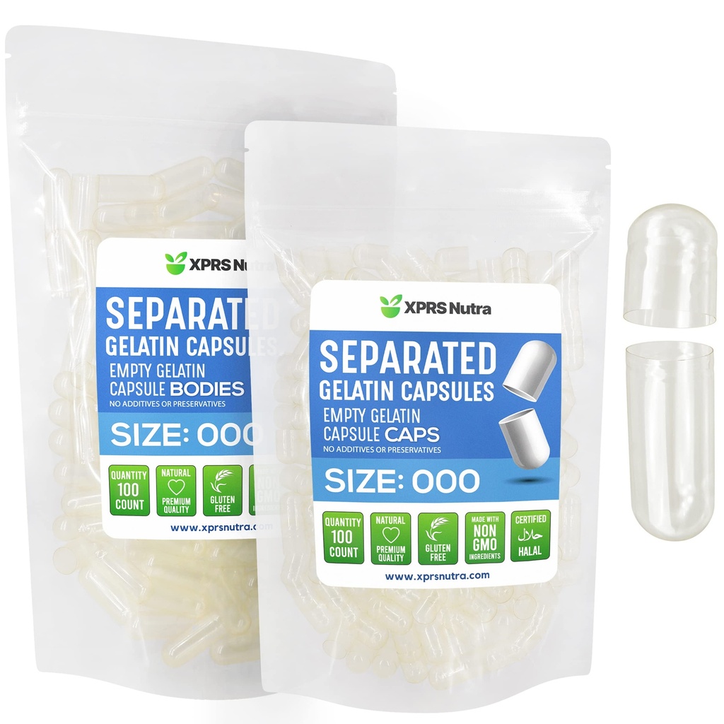 XPRS Nutra Capsules séparées Taille 000-100 Compte Grandes Capsules de gélatine vides Séparées dans des sacs - Premium Clear Vide 000 pilules pour le remplissage supplémentaire de bricolage