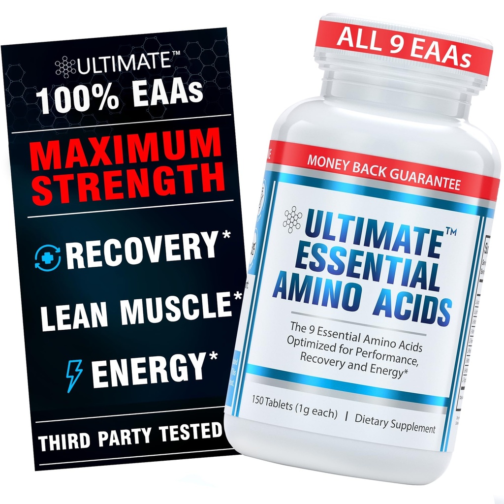 Ultimate Essential Amino Acids Supplement for Cutting, Fasting & Workouts, All 9 EAAs, 3000mg, 40% Leucine, 4:1:1 BCAA Ratio, Binder-Free with Organic Coating, Vegan, Keto, Non-GMO, 150 Tablets