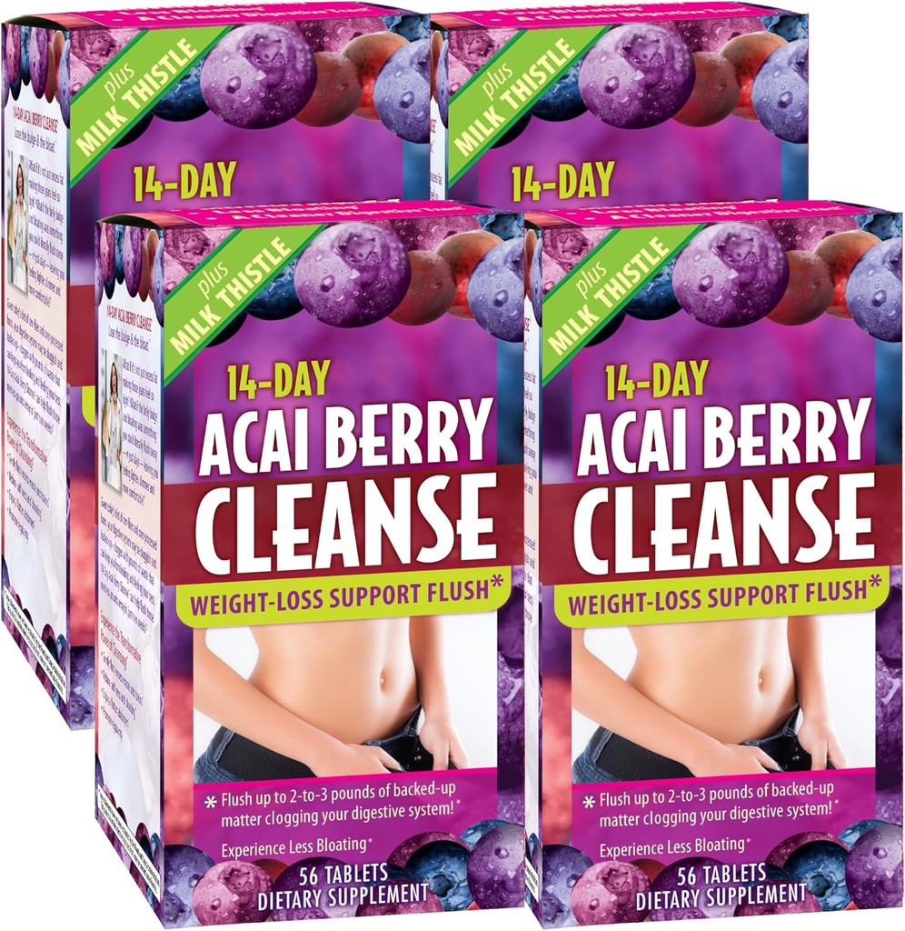 Nutrition appliquée Nettoyage des baies d'açai de 14 jours - 56 comprimés, boîte de 4 - Soutien de perte de poids Flush + chardon de lait - 112 Total des portions