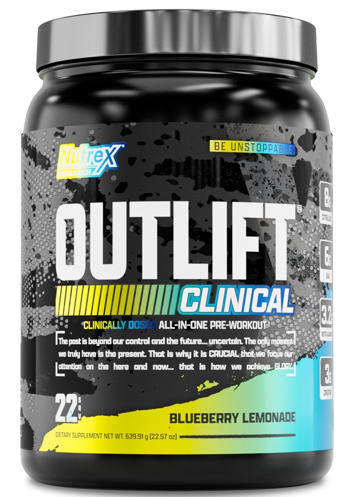 Nutrex Research Outlift Clinically Dosed Pre Workout Powder avec Créatine, Citrulline, EAA , Énergie, Performance, Pump Preworkout Supplément pour hommes et femmes (22 portions, Blueberry Lemonade)