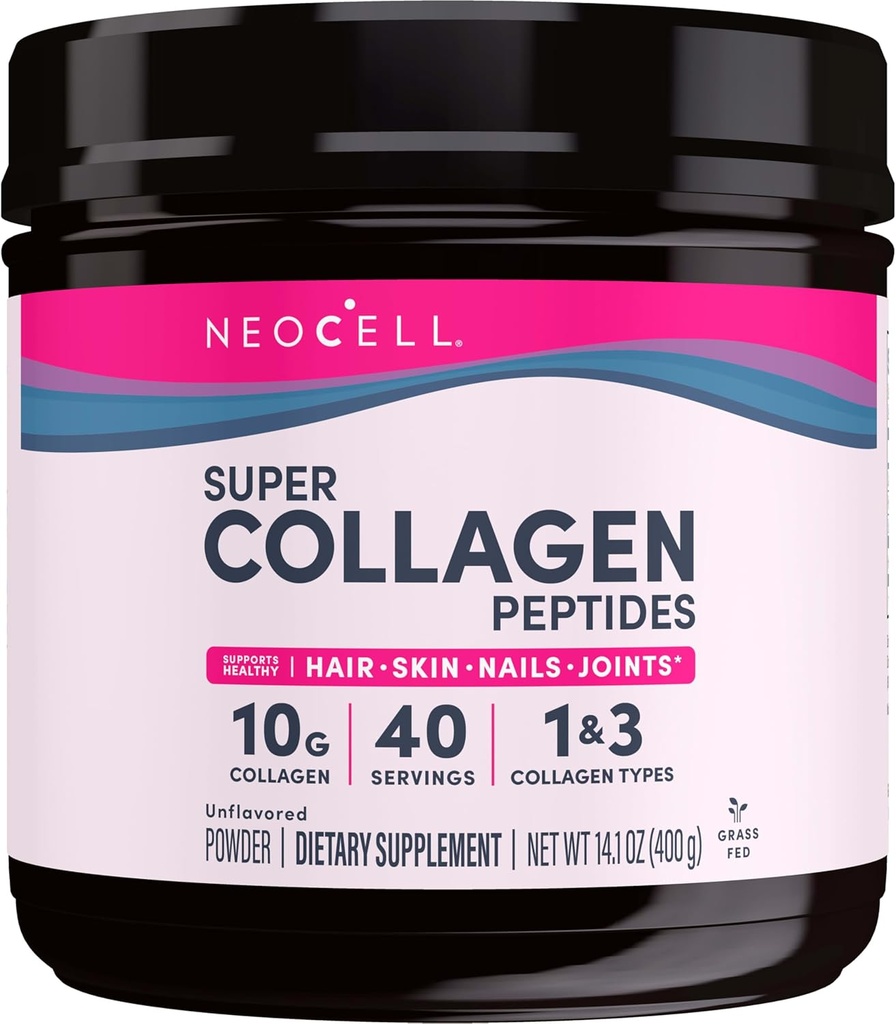 NeoCell Super Collagen Peptides, 10g Collagen Peptides par portion, Sans gluten, Céto amical, Non-OGM, herbe Fed, Cheveux sains, peau, ongles et articulations, Poudre non aromatisée, 14,1 oz., 1 Canister