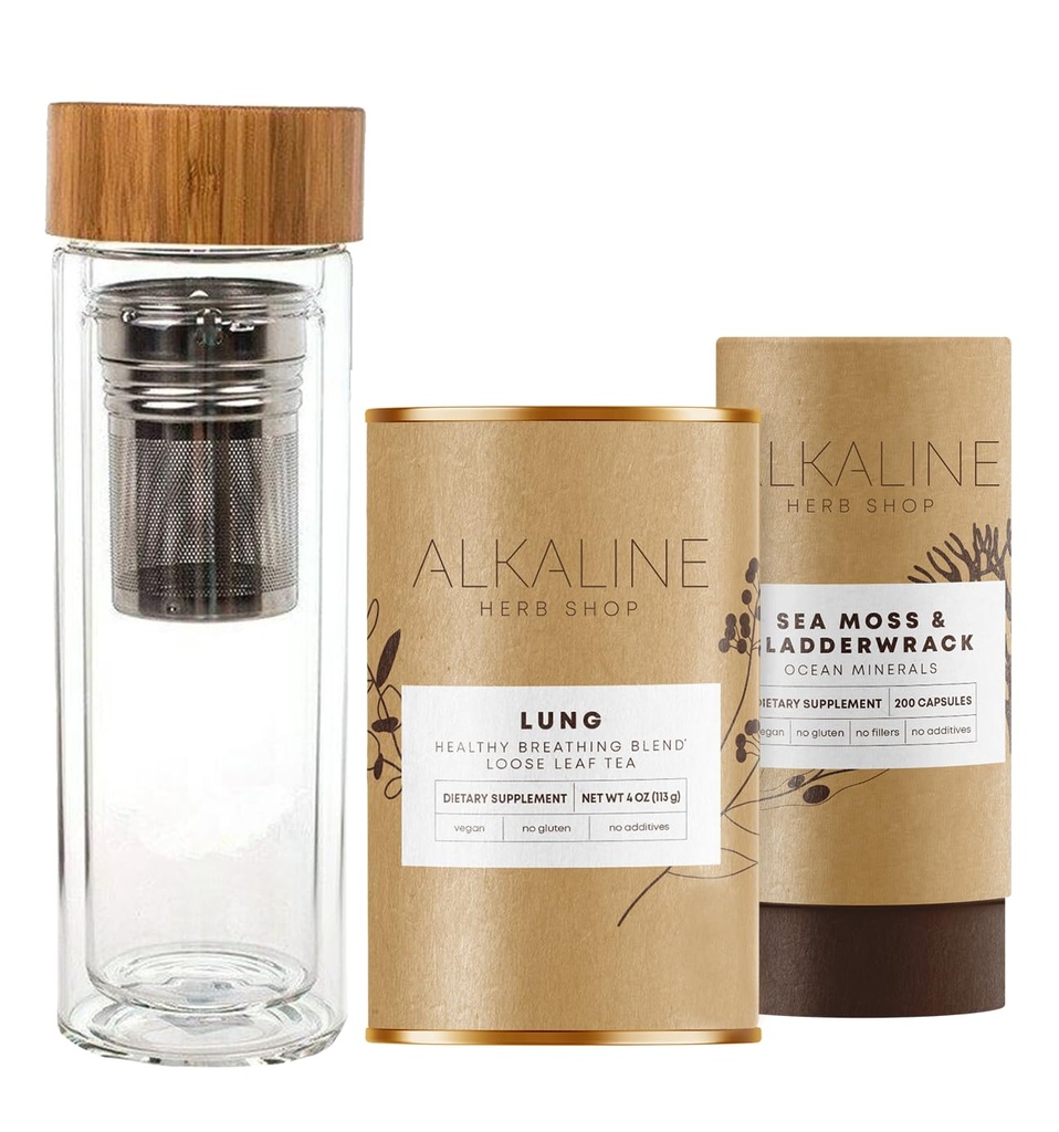 Alkaline Herb Shop Healthy Lung Bundle - supplément de mousse de mer et de bladderwrack, supplément de thé lung (Bon thé lung) et verre double paroi en acier inoxydable thé infuseur bouteille d'eau bambou 17 oz
