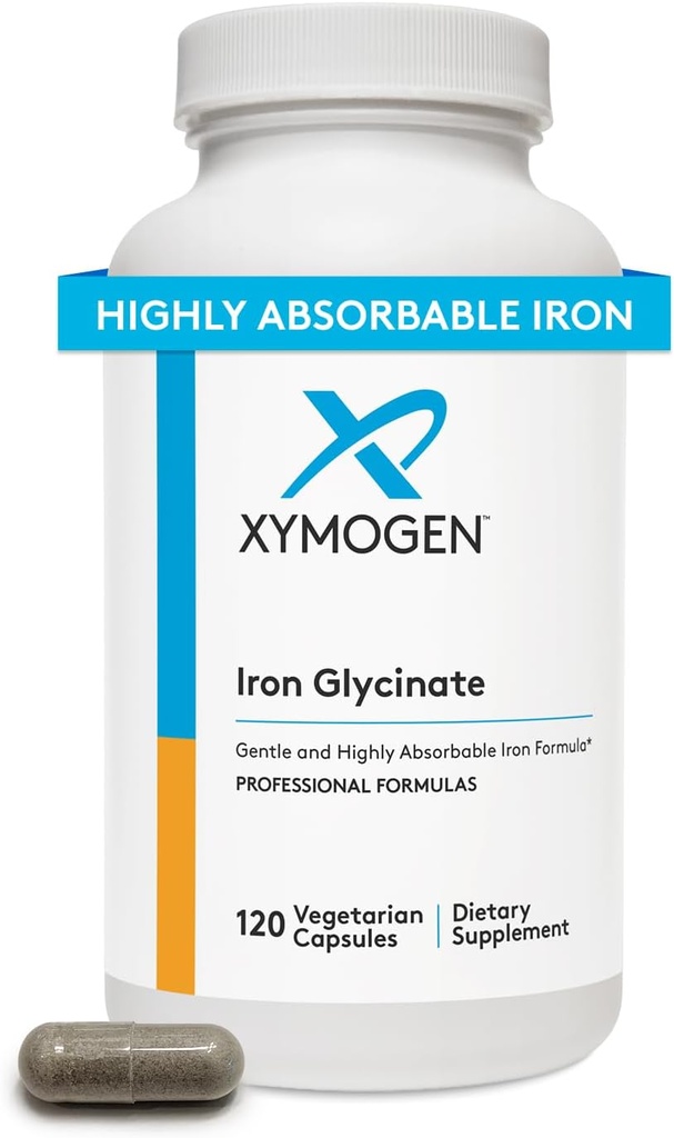 Supplément glycinate de fer XYMOGEN – Vitamine bisglycinate de fer brevetée - Conçu pour une absorption élevée – Supporte les niveaux d'hémoglobine et de ferritine – Doucement sur la digestion (120 capsules)