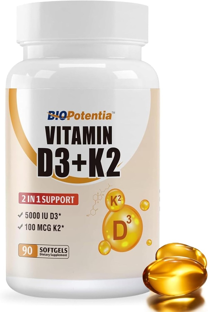 Vitamin D3 K2 (MK7) Softgel Supplement, Vitamin D3 5000 IU & K2 100MCG with MCT Oil Supplement, Immune Support, Bone & Teeth Health, Gluten-Free, Non-GMO|90 Softgels