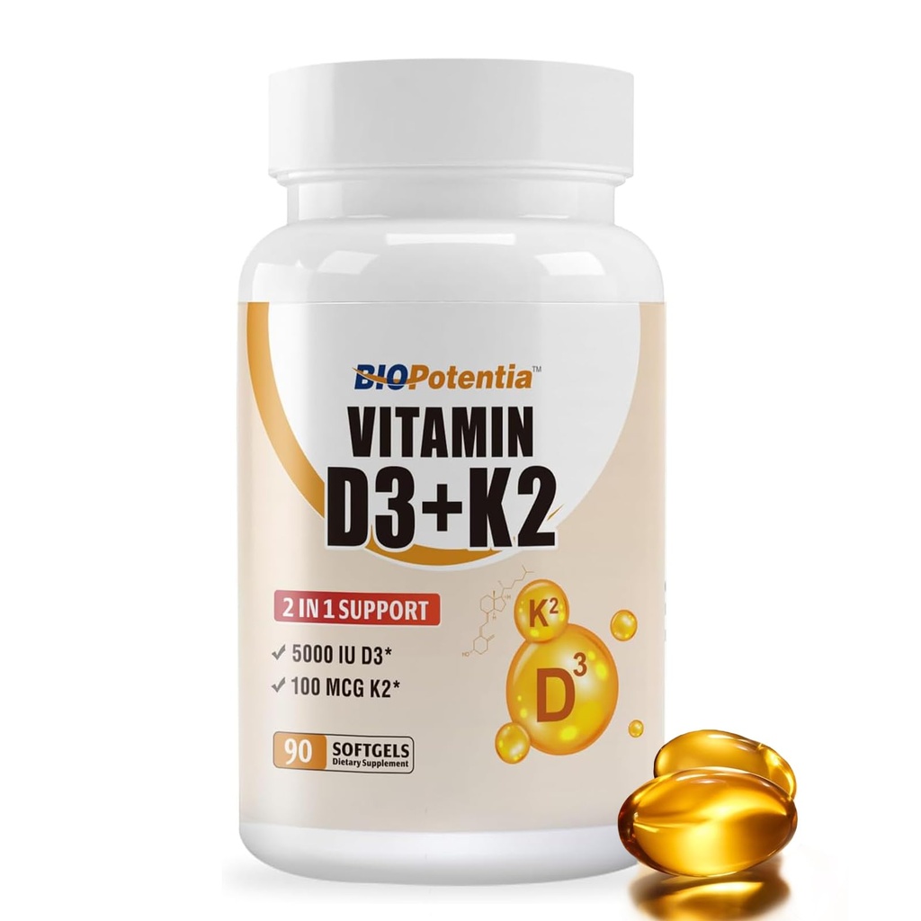 Vitamine D3 K2 (MK7) Supplément softgel, Vitamine D3 5000 UI et K2 100MCG avec supplément d'huile MCT, soutien immunitaire, os et dents santé, sans gluten, non-OGM (90 softgels)
