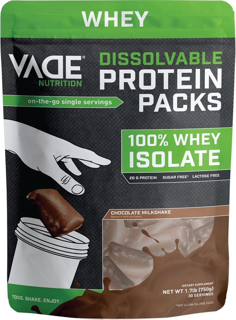 VADE Nutrition Boîtes de protéines dissolvables - 100% Whey Isolate Protéines Poudre de chocolat Shake au lait - faible teneur en glucides, faible teneur en calories, sans lactose, sans sucre, sans gras, sans gluten - 30 paquets à emporter