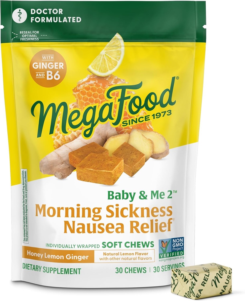 MegaFood Bébé & moi Soin de la maladie prénatale du matin, Ginger Chews, avec la vitamine B6, fait avec 9 allergènes alimentaires, miel Lemon Ginger Flavor, 30 Chews