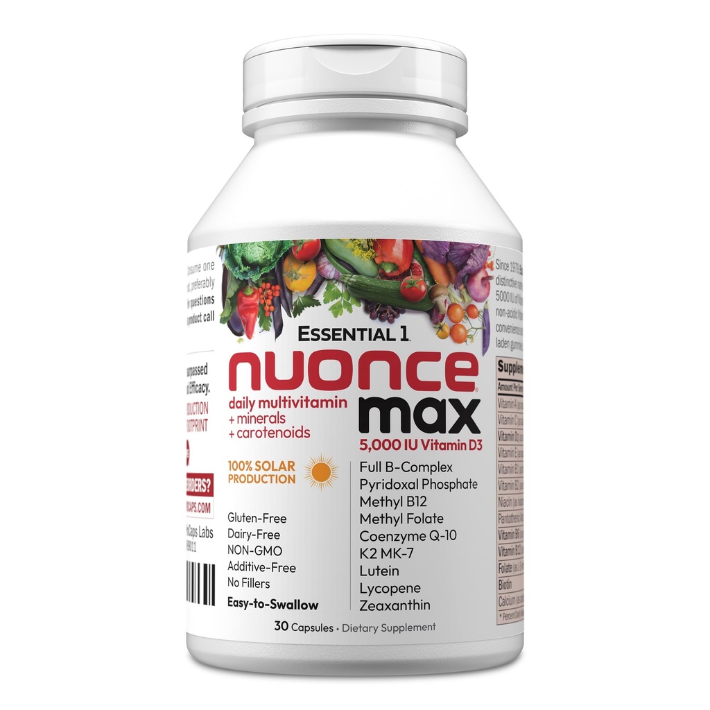ANDREW MOINSMAN Essential-1 nuonce max Multivitamine 5000 UI Vitamine D3 30 Petites Capsules. 100 mcg Méthyl B12. CoQ10 Lutéine Lycopène Zeaxanthin. Haute puissance. Pas d'additifs. Une gélule quotidienne ultra-mince