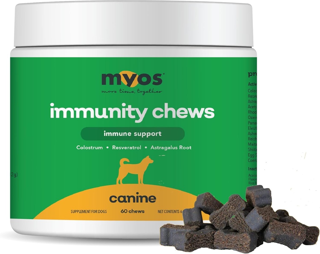 MYOS Immunity Chew pour chiens - Système immunitaire, antioxydants, aide la santé cellulaire et la vitalité- avec Colostrum, Resveratrol, Astragalus Root et champignons- Supplément quotidien à croquer