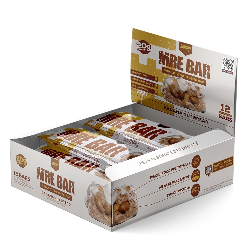 REDCON1 MRE Protein Bar, pain à la banane - Contient de l'huile de MCT + 20g de protéines alimentaires entières - Facilement digestible, Macro équilibré Bar de repas à faible teneur en sucre (12 bars)