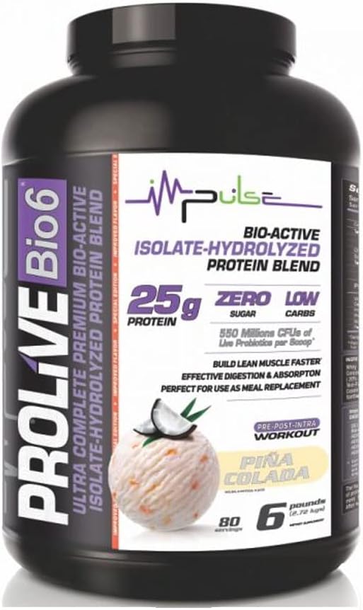 Prolive Bio6 Suppléments 25gr d'Ultra Complete Premium, Bio-Active, Mélange de protéines hydrolysées avec protéines de lactosérum concentrées, faible teneur en glucides, sucre zéro et 5g BCC - Piña Colada Flavor - 6 LBS Total