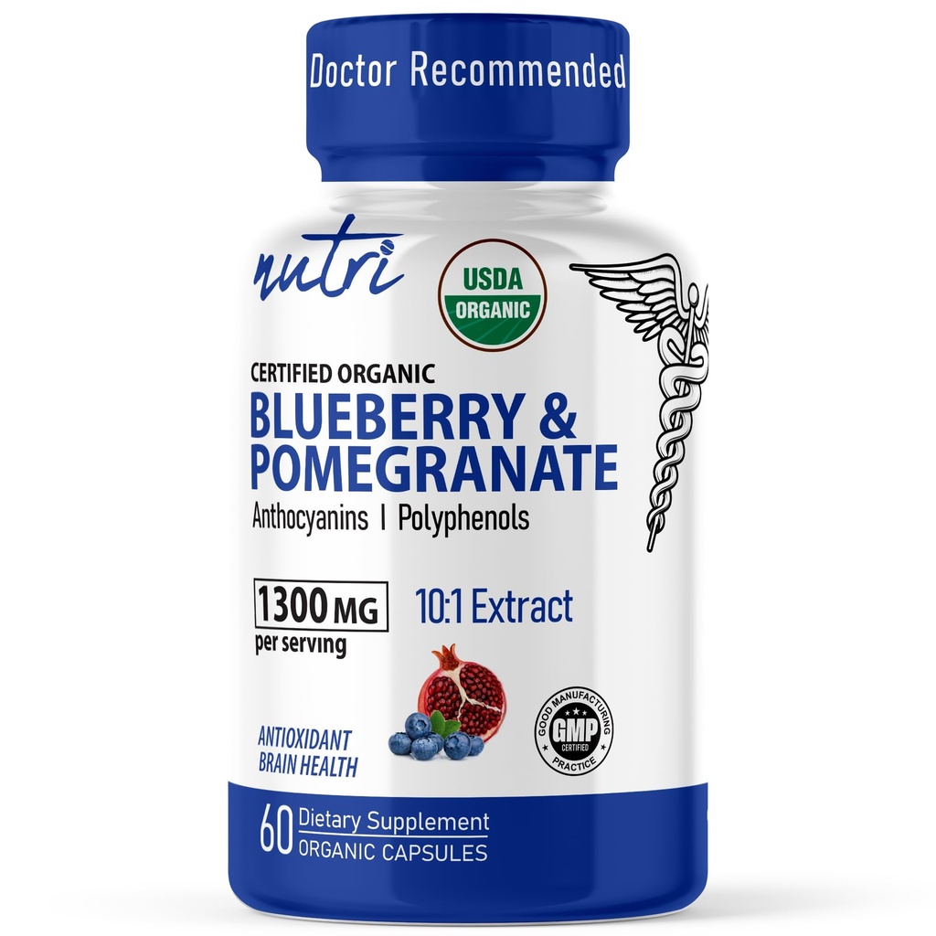 Nature's Fusions Nutri Organic Supplément 1300mg - avec 800mg 10:1 Extrait de bleuets et 500mg 10:1 Extrait de grenade - USDA Organic - 60 Capsules