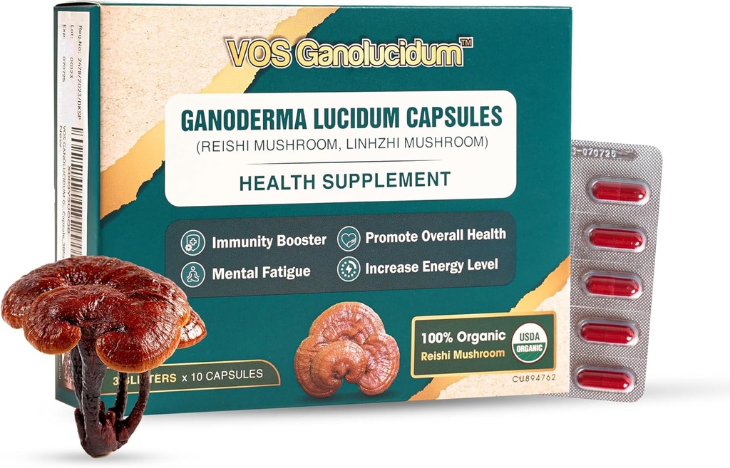 Gélules de champignons Red Reishi pour l'immunité, Extrait de Ganoderma lucidum, Champignons Vegan Reishi naturels par jour, 70mg, 30 Capsules