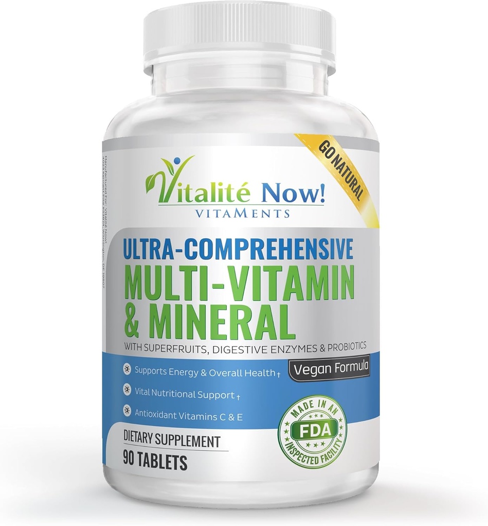 Multivitamines et minéraux des aliments entiers végétaliens - Vitamines A B1 B2 B6 B12 C D3 E & 110 Super aliments, herbes, verts et rouges - Enzymes et probiotiques pour le soutien immunitaire - Boost énergétique - 90 comprimés