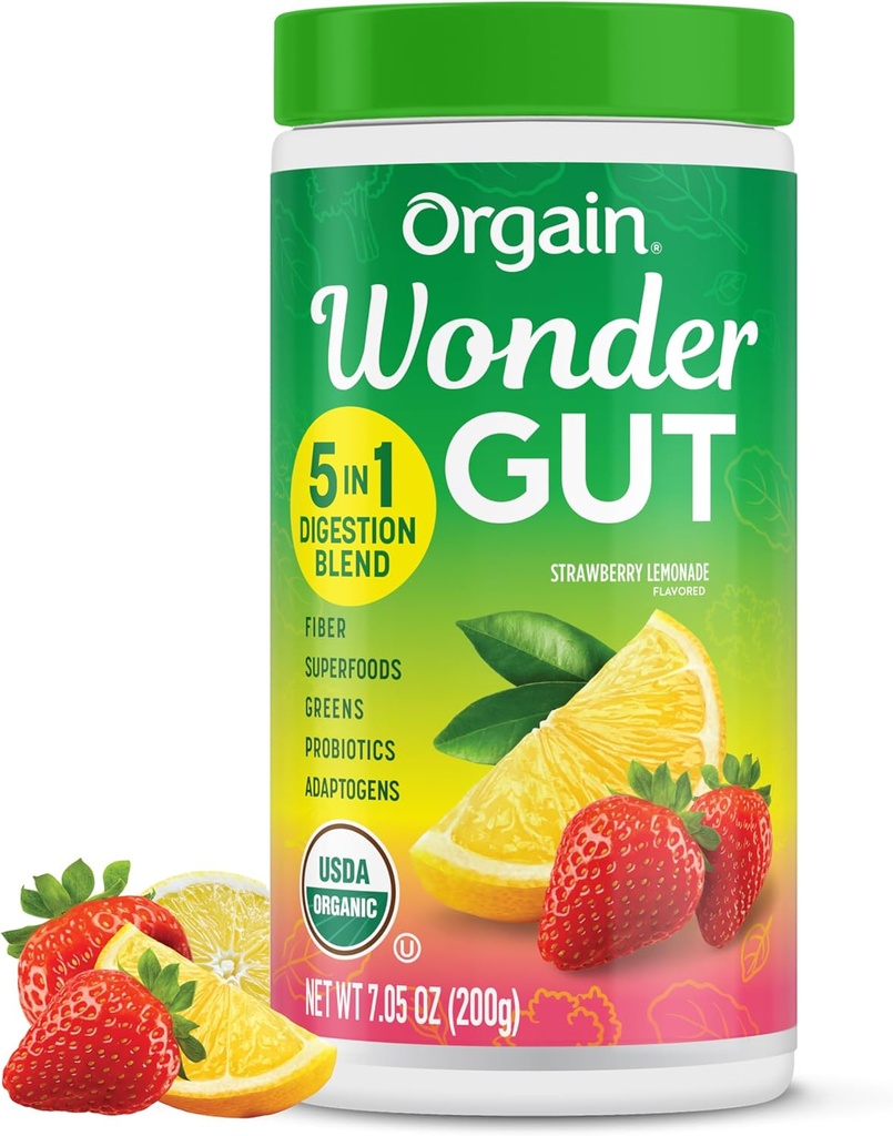 Poudre de supplément de fibre de Gut Wonder biologique, 5 en 1 Mélanger avec 1 milliard de probiotiques, Verts, Vitamine C, Adaptogènes pour Gut Health et Immune Support, Non-OGM, Lémonade aux fraises, 7,05 oz