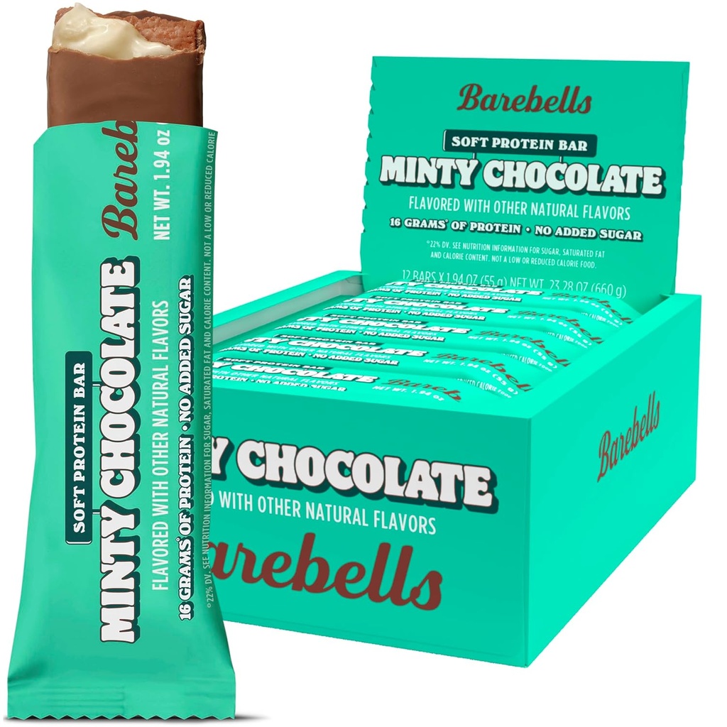 Barebells Soft Protein Bars, Chocolat Minté - 12 Comte, 16g de haute protéinité - Chocolat barre de nutrition avec 1g de sucres totaux - Sur le petit déjeuner ou Snack post-entraînement