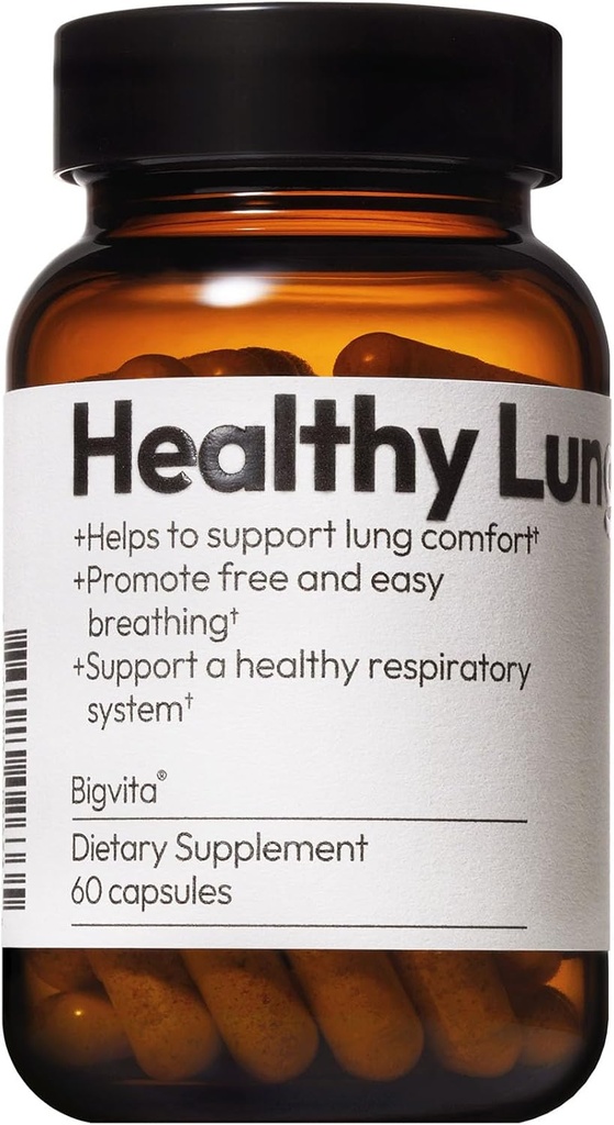 BIGVITA Lung Health Vegan Gluten Free Dietary Lung Support Supplément pour désintoxication pulmonaire et nettoyage, soutien immunitaire respiratoire et clair mucus et soulagement de la toux, 60 capsules