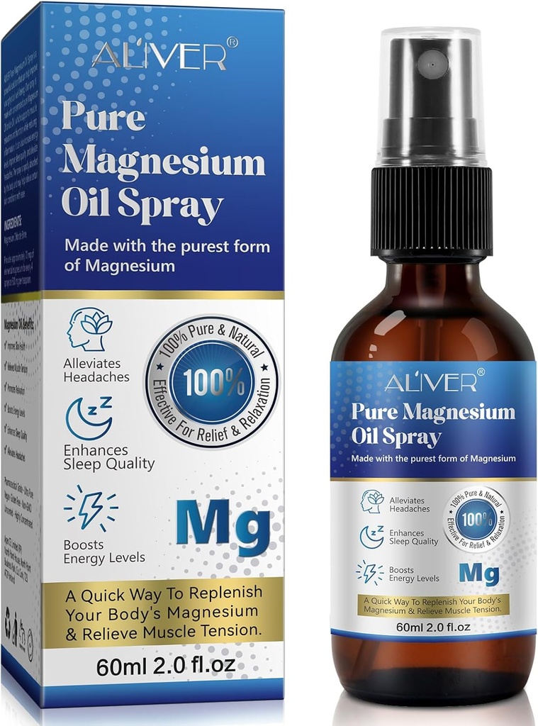 Spray d'huile de magnésium pur, supplément de magnésium absorbant la peau favorise, Spray de magnésium 60ML, Solution topique pour les pieds, Flakes de chlorure de magnésium pur, formule naturelle d'absorption rapide