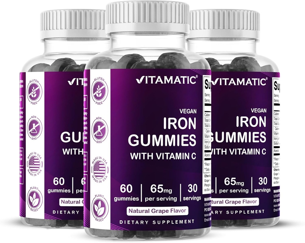 Supplément en fer vitamatique 65 mg pour les femmes et les hommes - 60 Gommies végétaliens - Grande dégustation de vitamines gommy en fer avec vitamine C (3)