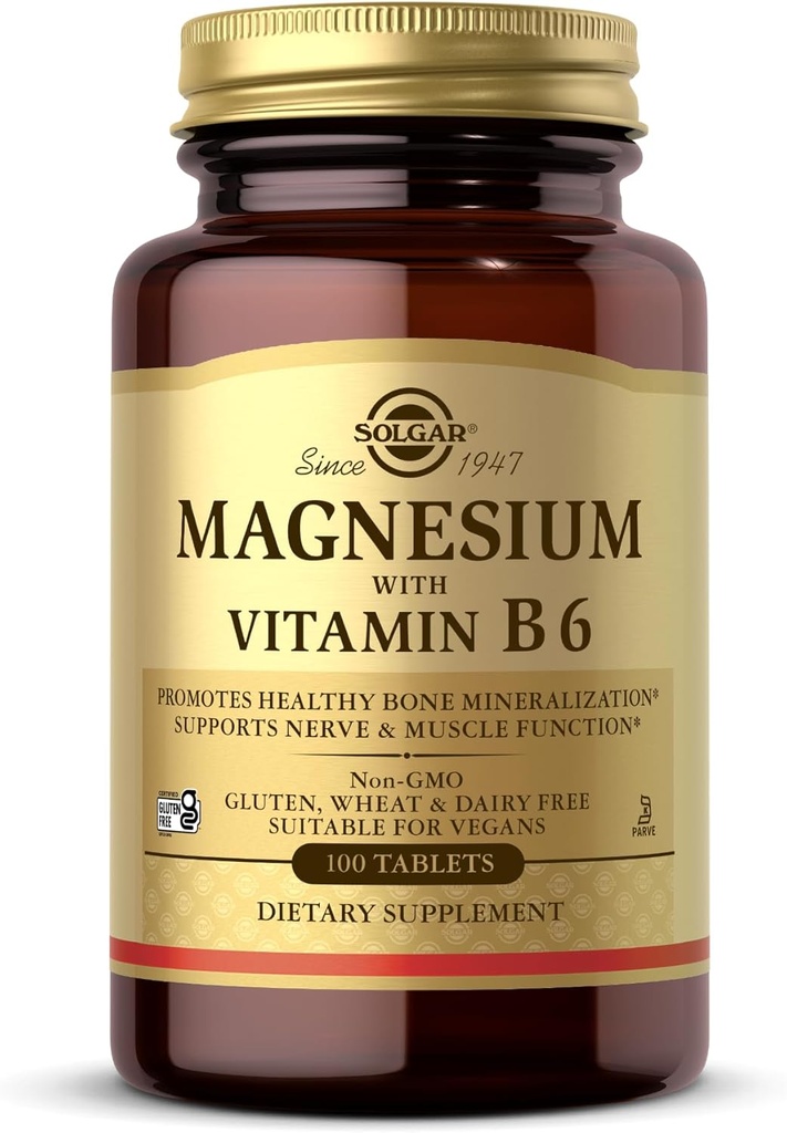 Magnésium de Solgar avec vitamine B6, 100 comprimés - Promouvoir la minéralisation saine des os, soutenir la fonction nerveuse et musculaire, métabolisme de l'énergie - non-OGM, végétalien, sans gluten, sans lait, sans casher - 33 portions