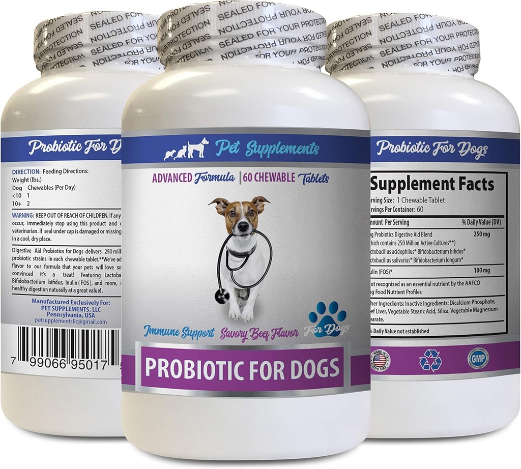 Défense digestive pour les chiens - PROBIOTICS pour les chiens - Gout sain - Stop Diarrhée gazeuse et mauvaise haleine - Boost digestif - Probiotiques pour chiens à croquer bio - 1 bouteille (60 gâteries)