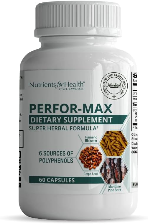 Rawleigh Perfor-Max 60 Capsules: Supplément à base de plantes avec 6 sources de polyphénols comme les graines de raisin, l'écorce de pin, le curcuma, le thé vert, l'épine et les extraits de romarin pour la santé cardiaque et l'immunité, sans gluten
