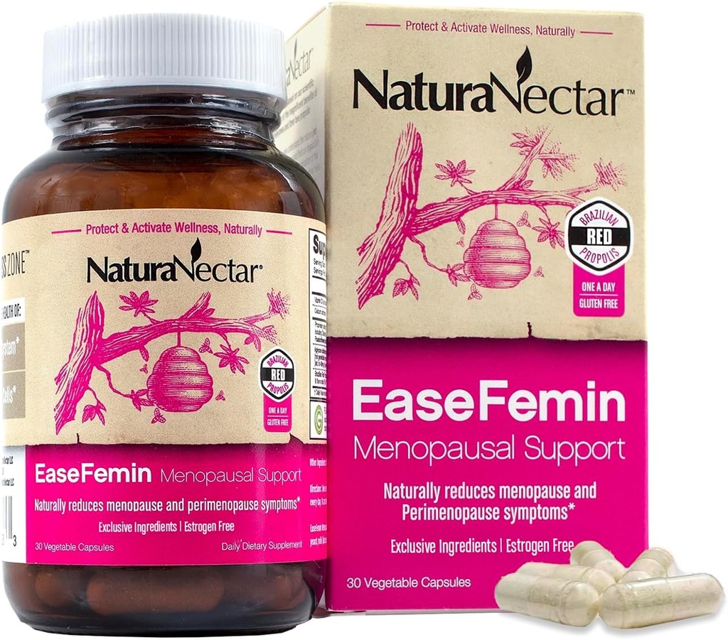 NaturaNectar - Suppléments de soutien ménopausés EaseFemin pour les femmes - Capsules de propolis d'abeilles rouges sans œstrogènes pour les flashs chauds et les sueurs nocturnes - Naturel et avec mélange à base de plantes calmantes (30pcs.)
