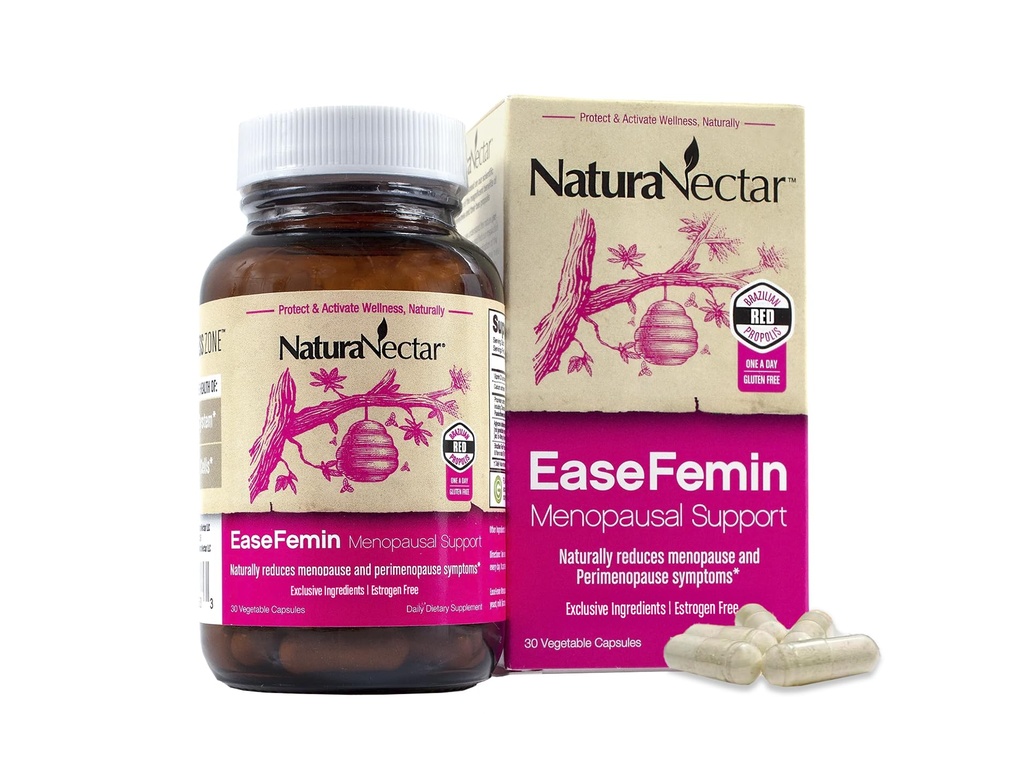 NaturaNectar - Suppléments de soutien ménopausés EaseFemin pour les femmes - Capsules de propolis d'abeilles rouges sans œstrogènes pour les flashs chauds et les sueurs nocturnes - Naturel et avec mélange à base de plantes calmantes (30pcs.)