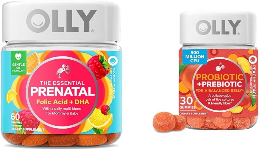 OLLY L'essentiel Prénatal Gummy Multivitamine, 30 jours d'approvisionnement (gummées), acide sucré, folique et probiotique + Gummy prébiotique, soutien digestif et santé des gummées, 500 millions d'UFC, fibre