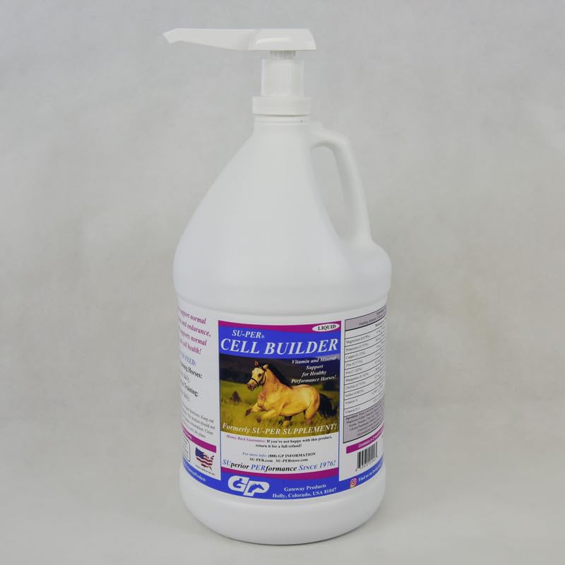 SUPER Cell Builder Horse Supplement - Haute Vitamine Minérale Hippique Liquide de construction de sang pour chevaux performants - 1 Gallon + Pompe