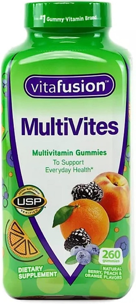 Vitafusion MultiVites Essential Multivitamine Berry naturel, pêche et saveur orange 260 ct.