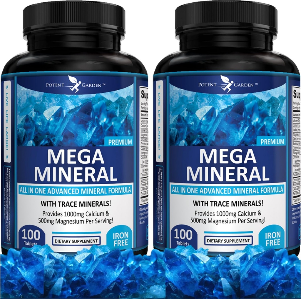 Potent Garden 2-Pack Mega Mineral Complete Mineral Complex with Calcium Magnésium Zinc Potassium Boron Sélénium Chrome & 72 Trace Minerals Supplément de calcium sans fer -200 pilules