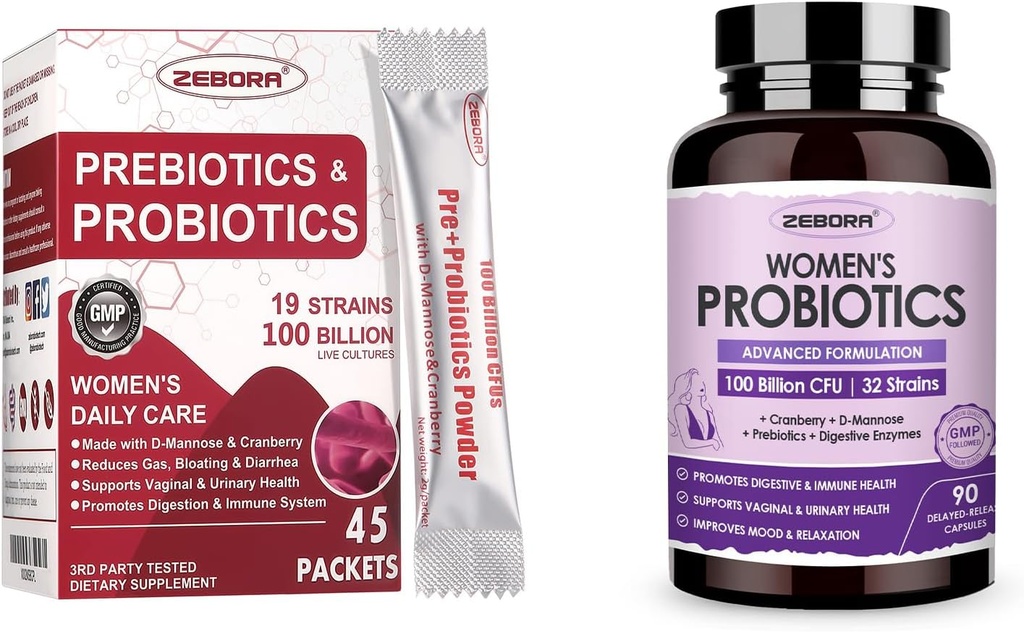 ZEBORA Probiotiques-pour-femmes 100-Billions-FCU avec prébiotiques, D-Mannose et canneberge pour Digestive, Immune, Feminine UT Health Support, Ultimate Probiotic Women's Care, Soy & Gluten Free, 45 packets