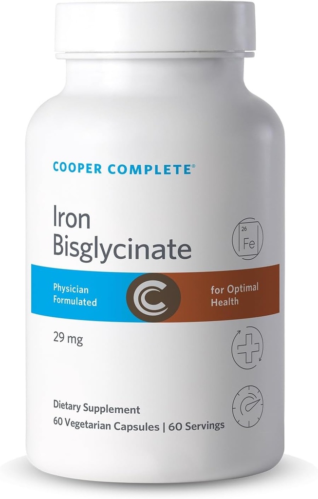 Cooper Complete Fer Bisglycinate. 29mg par comprimé. 60 Capsules par bouteille. Boîte de 1