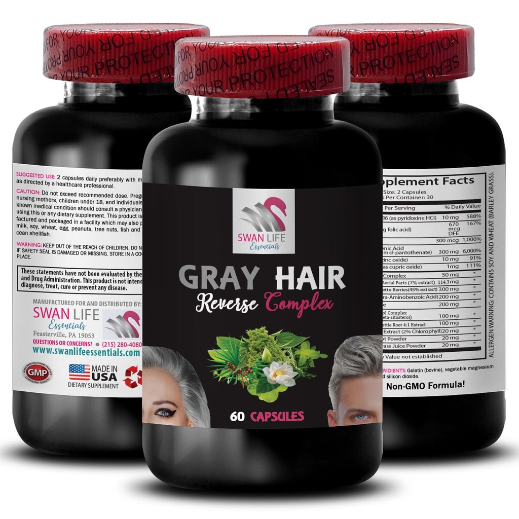 Supplément Cheveux Gris - GRAY HAIR REVERSE - revitalisation des cheveux, couleur des cheveux intense, brillance naturelle, couleur dynamique, aspect des cheveux renouvelé, lueur des cheveux, vibrance fraîche, re-energizer couleur 1Bot 60Caps