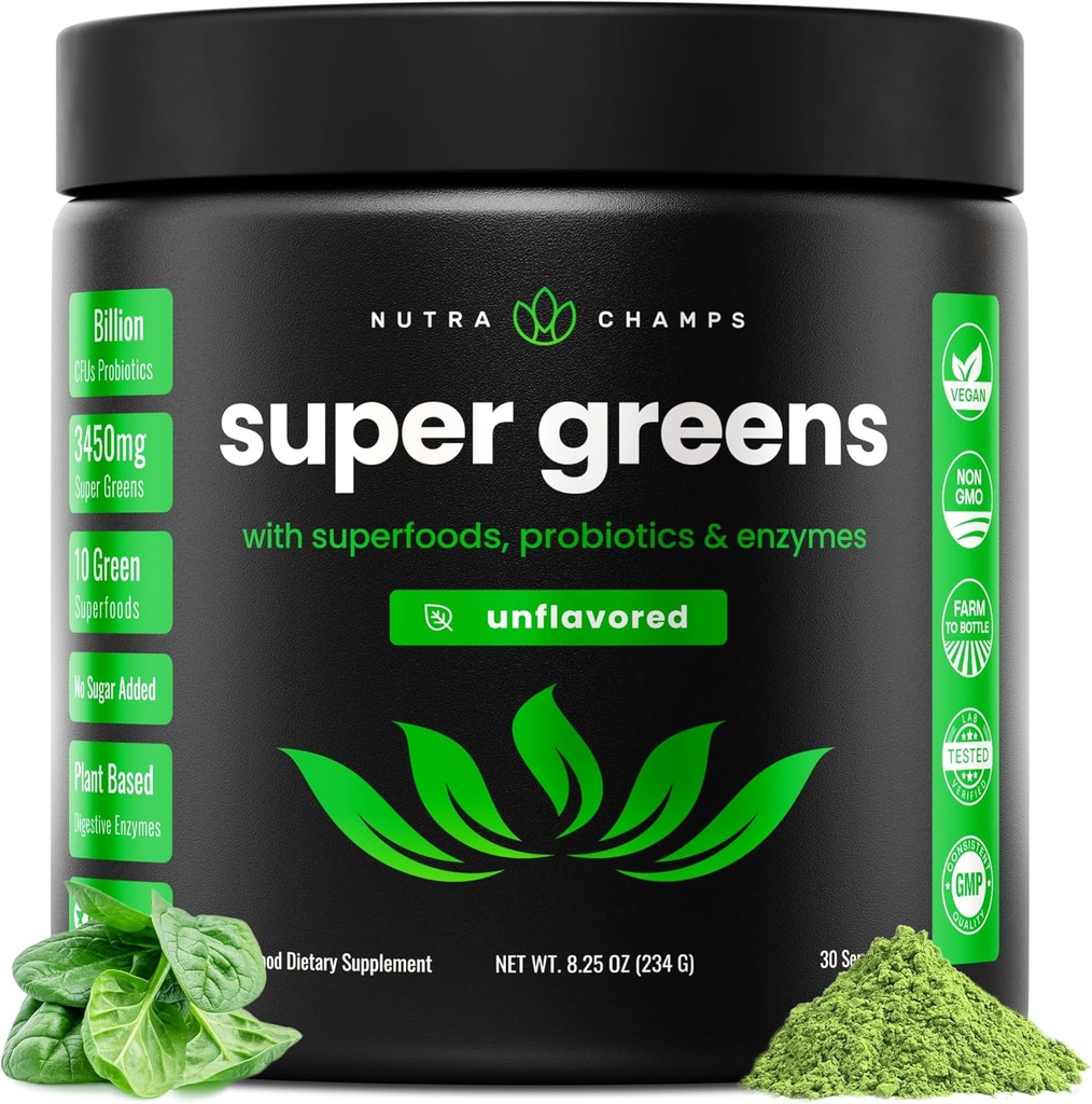 NutraChamps Super Greens Poudre Premium Superfood. 20+ Produits bio de légumes verts entiers.