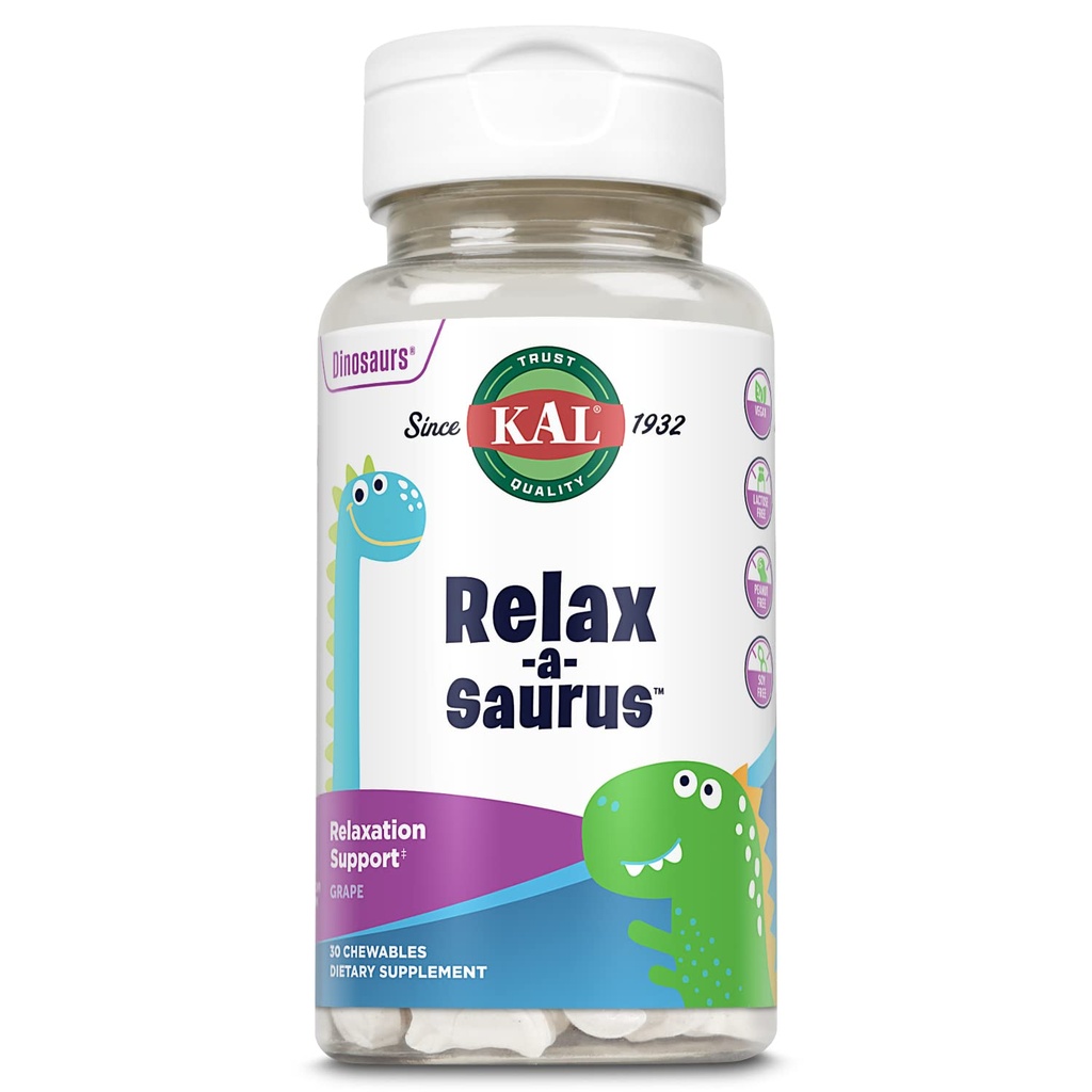 KAL Relax-a-Saurus, supplément de soutien au stress pour les enfants, L-Theanine pour les enfants avec anti-stress et relaxation à base de plantes et mélange, délicieuse saveur naturelle de raisin, garantie de 60 jours, 30 chéwables